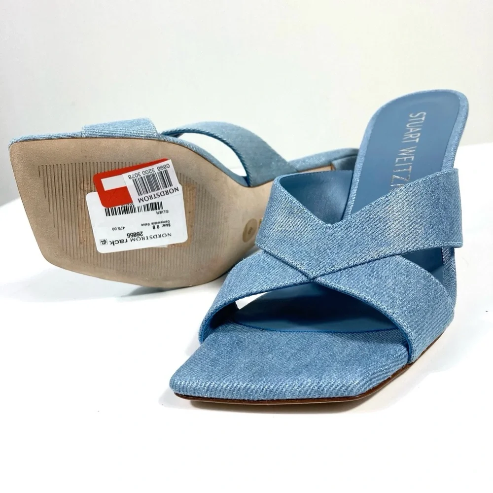 Stuart Weitzman Carmen 75 Heel Slide Sandals Blue Denim 8 NEW - Picture 10 of 17